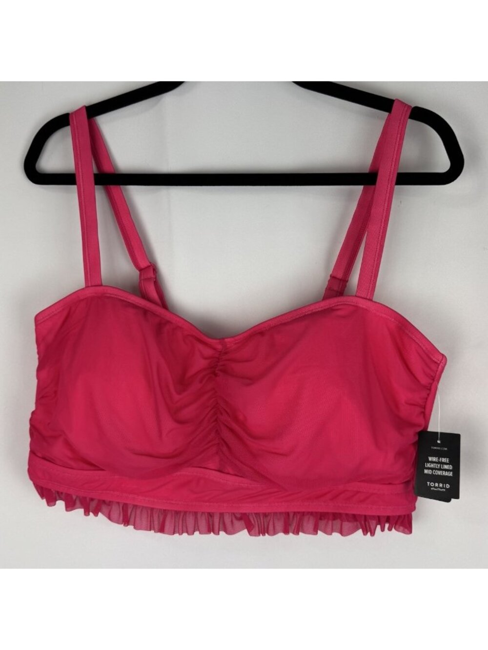 Torrid Size 2 Pink Wireless Bikini Swim Top Cherry Pink Twist Front Ruffle NEW
